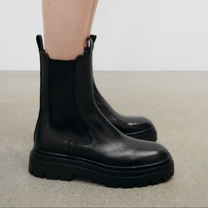 Brand New Zara Black, Leather Lug Ankle Boots, Size 7.5 or 38